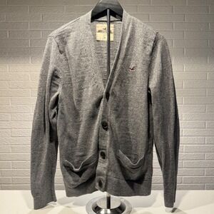 Hollister Mens Gray Cardigan Sweater Medium Bird Logo Classic Knit